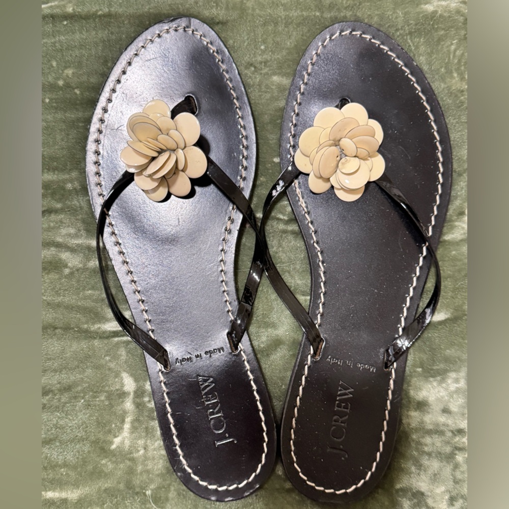 J. Crew Black and Cream Floral Sandals